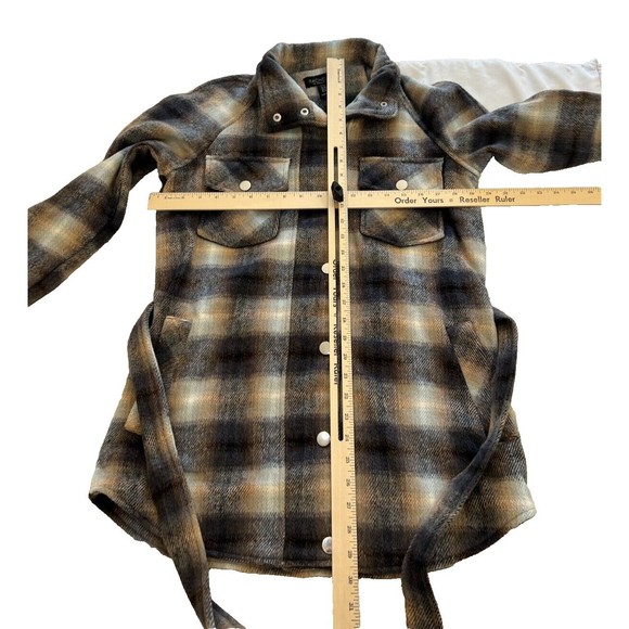 Rachel Zoe Womens Heavy Coat Wool Blend Brown & Gray Plaid W/Belt & Snap Buttons - Picture 7 of 9
